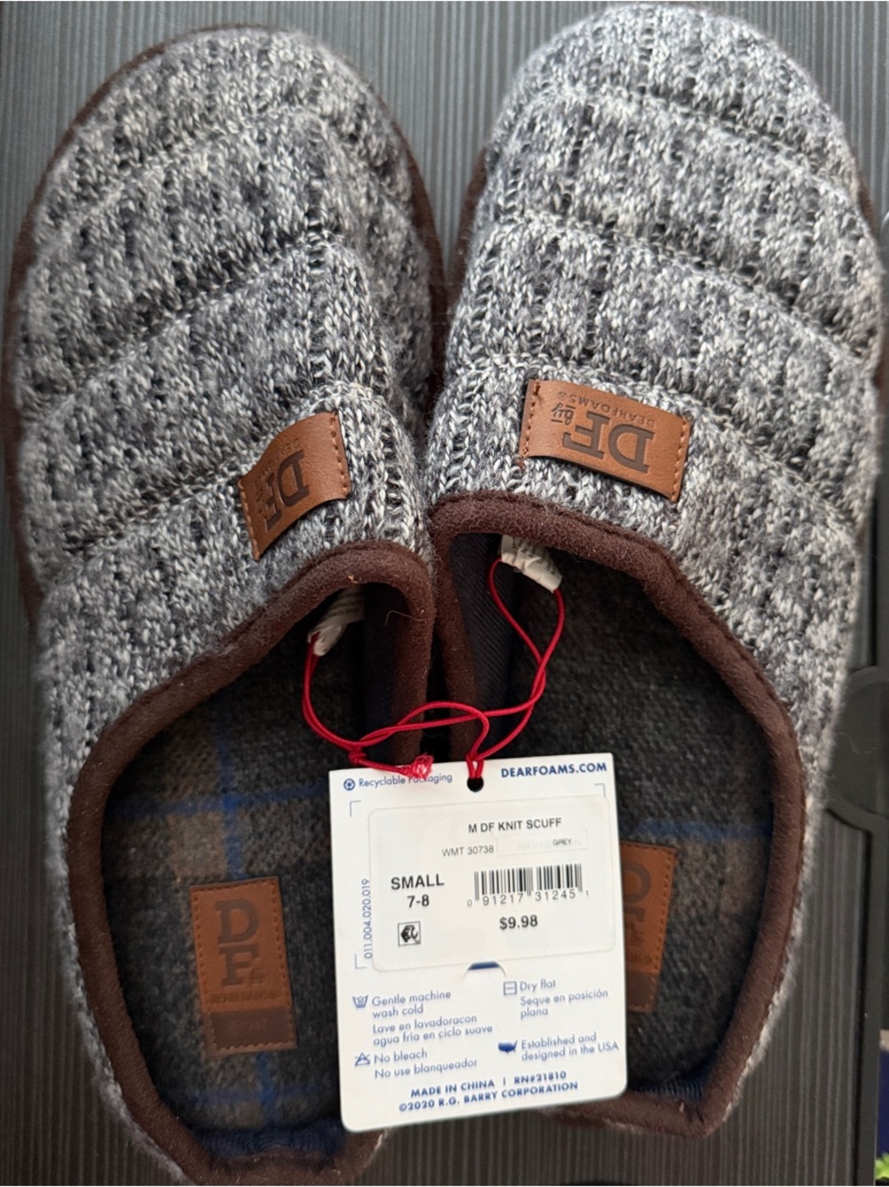 Men’s Dearforms Gray Knit Scuff Slippers with Brown Trim